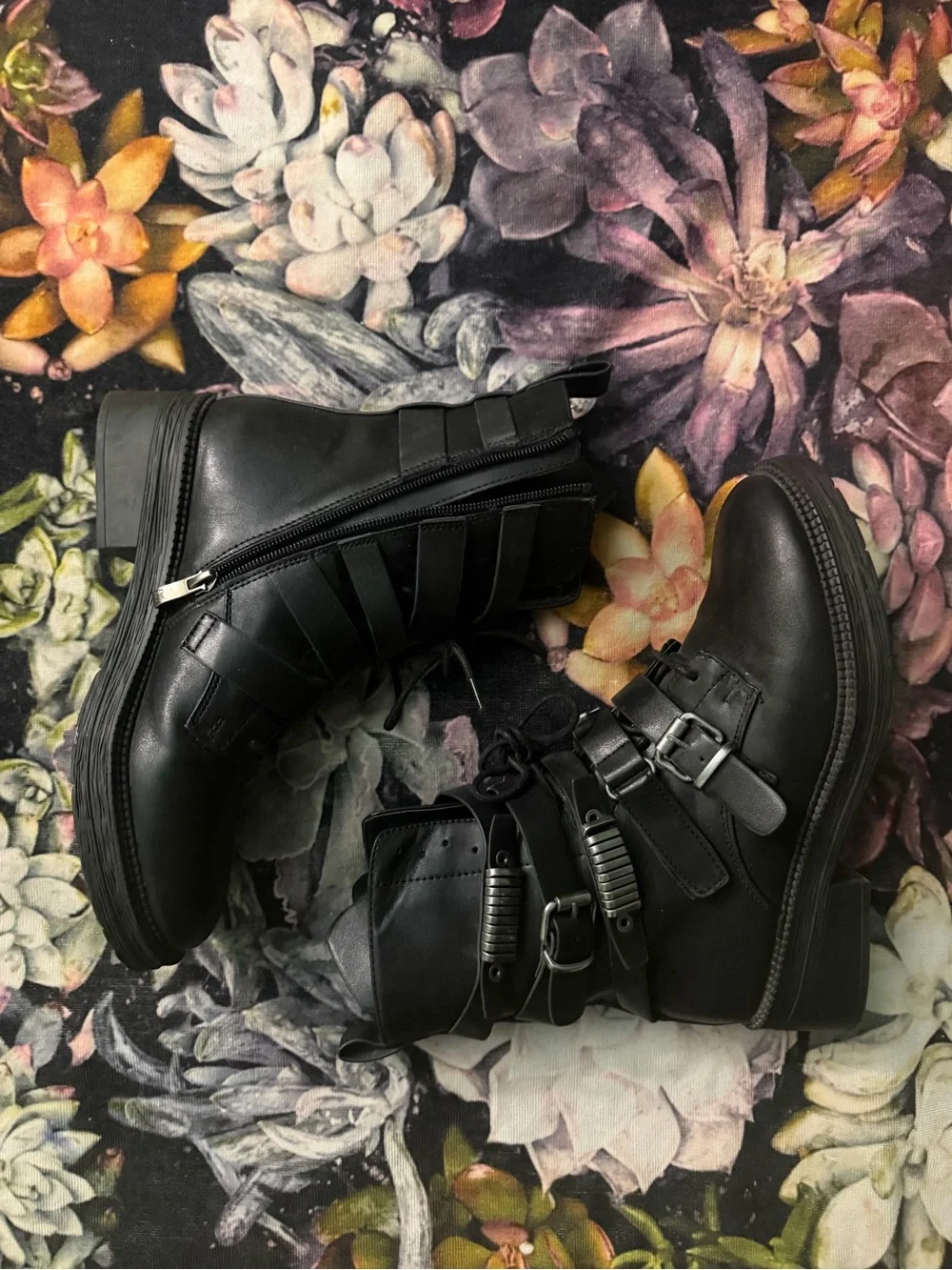 DKNY Black Leather Buckle Combat Boots